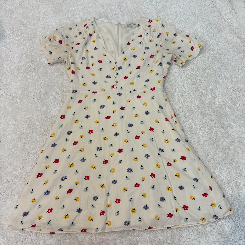 Madewell Womens Ivory Floral V-Neck Flutter Sleeve Dress Preppy Costal Cottage 2 - Picture 1 of 6